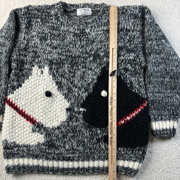 Vtg COLLAGE By Hand Knit Black/White Scotty Dog Thick Acrylic Sweater Sz Large - Picture 5 of 12